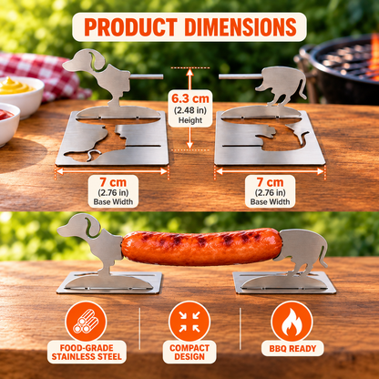 Grill Puppy stainless steel hot dog holder dimensions showing 6.3 cm height, 7 cm base width, and compact dog-shaped design