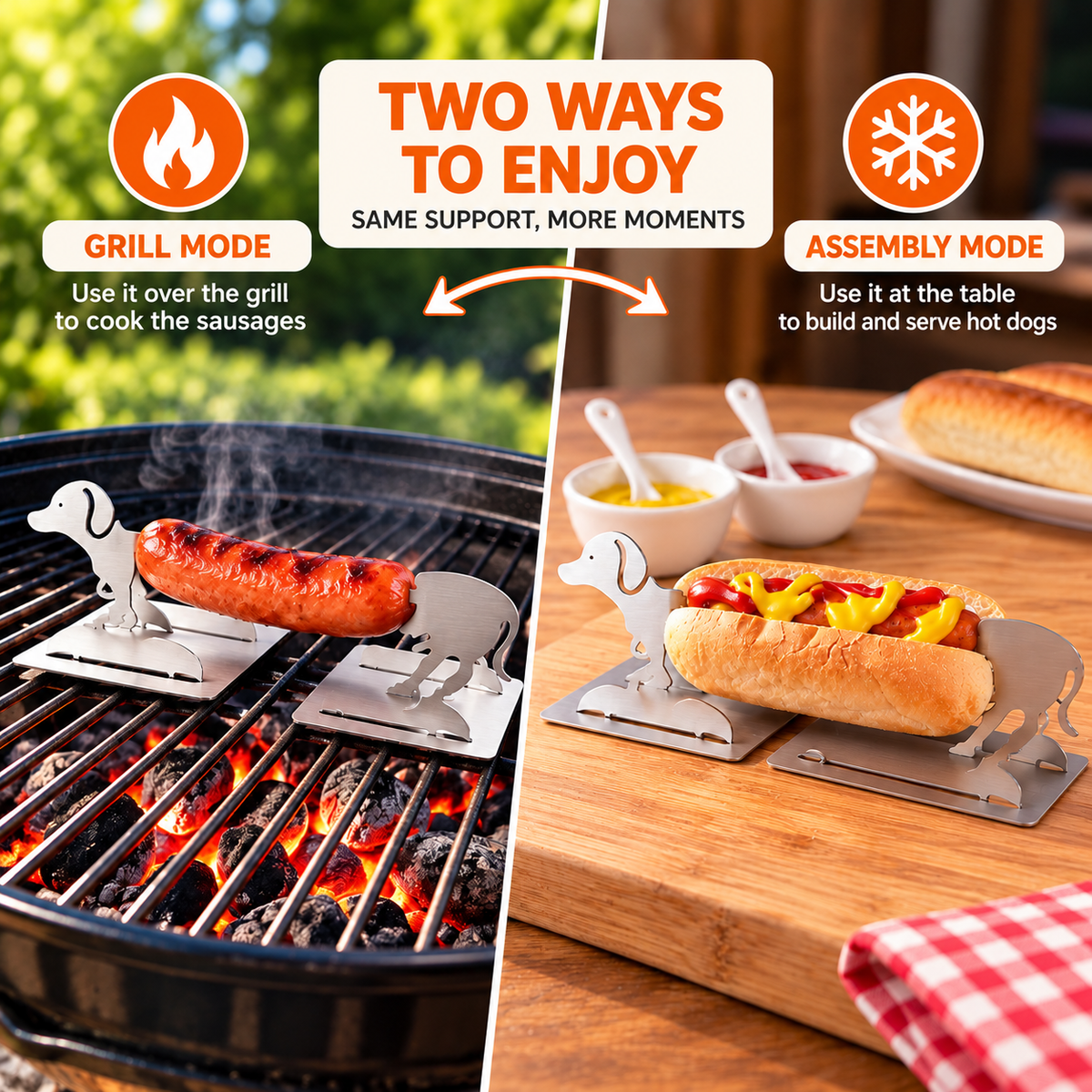 Two ways to use Grill Puppy stainless steel hot dog holder: grilling sausages on a BBQ grill or serving hot dogs at the table