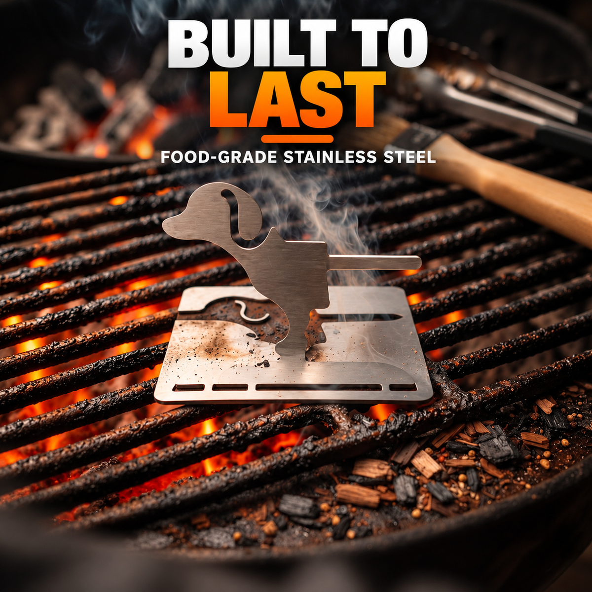 Grill Puppy food-grade stainless steel hot dog holder with dog-shaped design on a charcoal BBQ grill