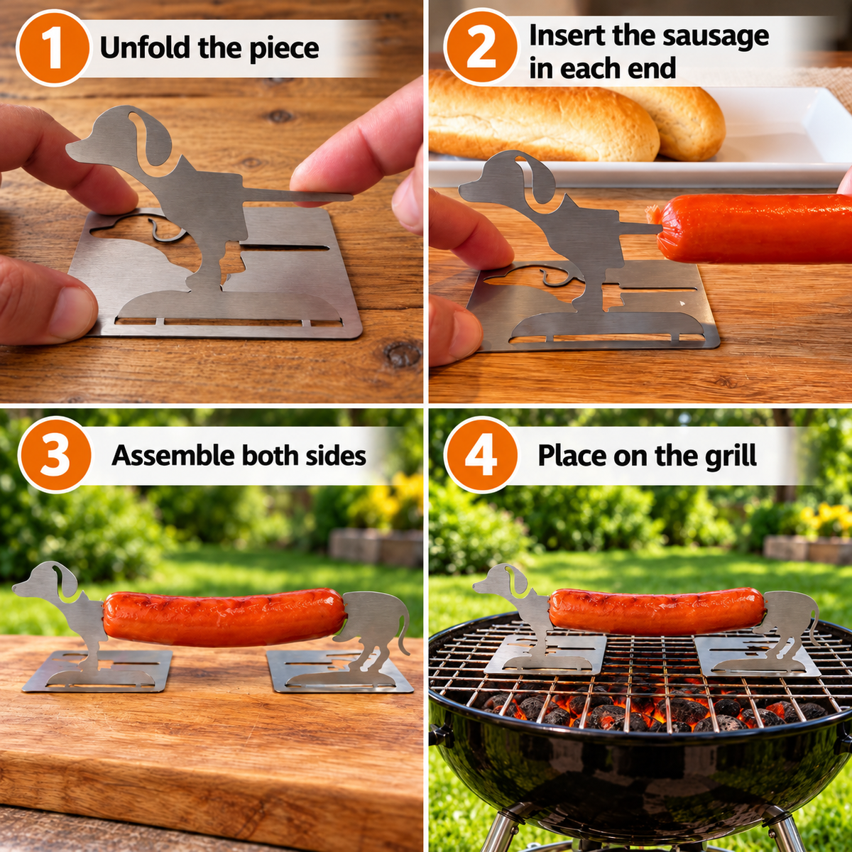How to use Grill Puppy stainless steel hot dog holder in 4 steps: unfold, insert sausage, assemble, and grill 