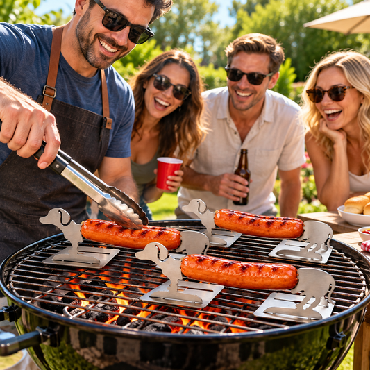 Three Grill Puppy stainless steel hot dog holders grilling sausages on a charcoal BBQ grill at a backyard cookout