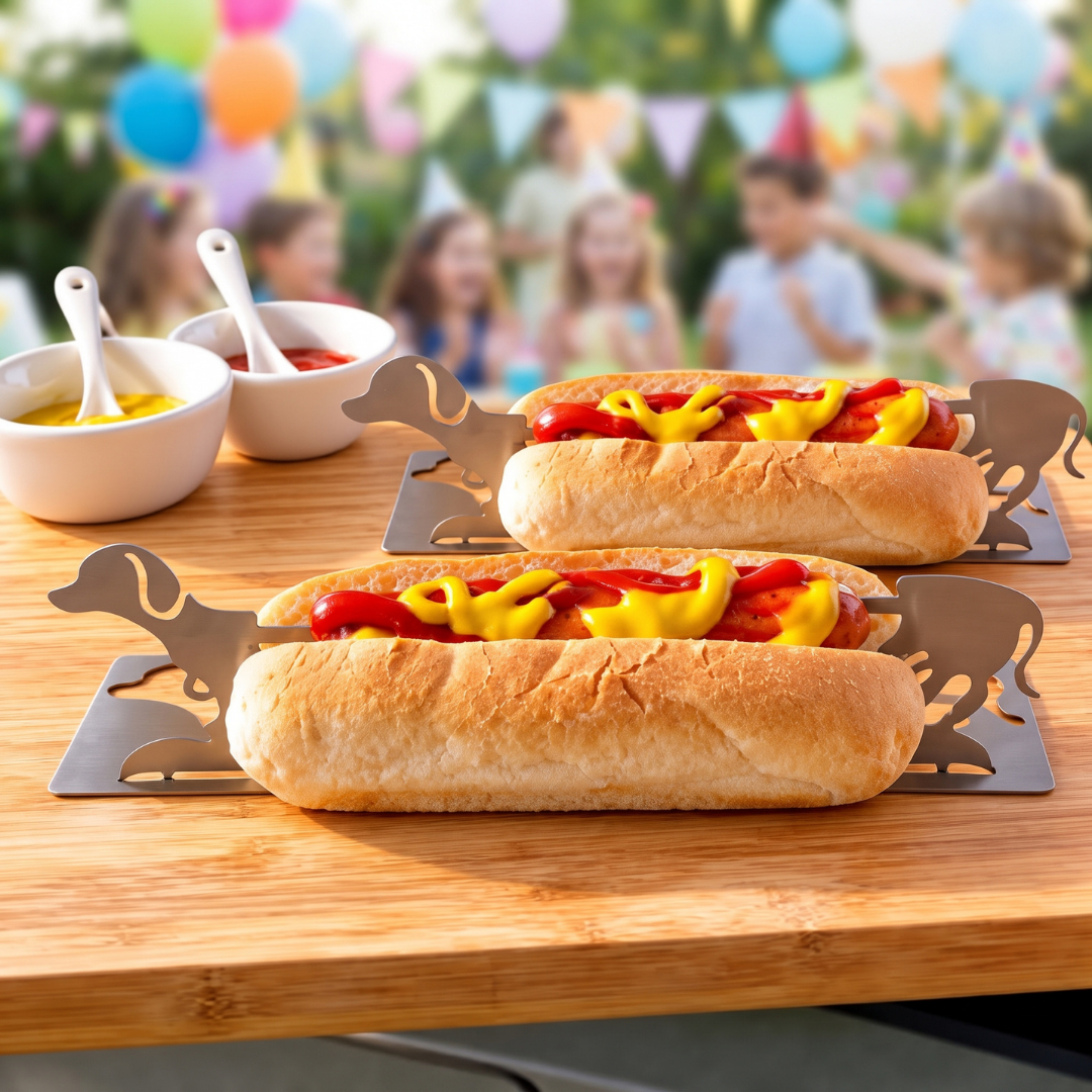 Two Grill Puppy stainless steel hot dog holders serving hot dogs with mustard and ketchup at an outdoor party
